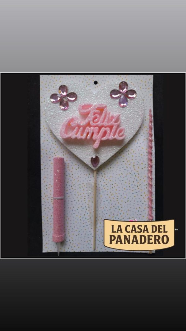 Set de Vela con Corazón Feliz Cumple Blanco y Rosa