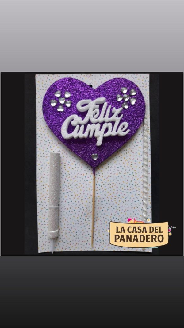 Set de Vela con Corazón Feliz Cumple Blanco y Violeta