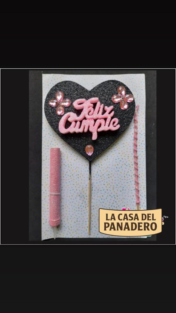 Set de Vela con Corazón Feliz Cumple Negro y Rosa