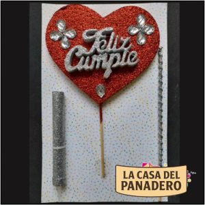 Set de Vela con Corazón Feliz Cumple Rojo y Plateado