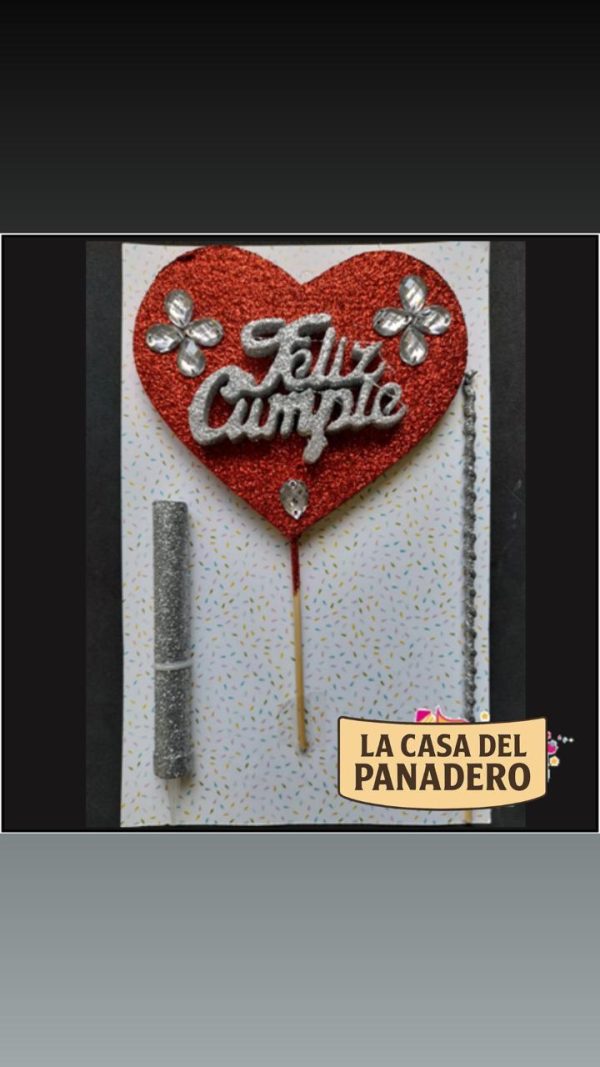 Set de Vela con Corazón Feliz Cumple Rojo y Plateado