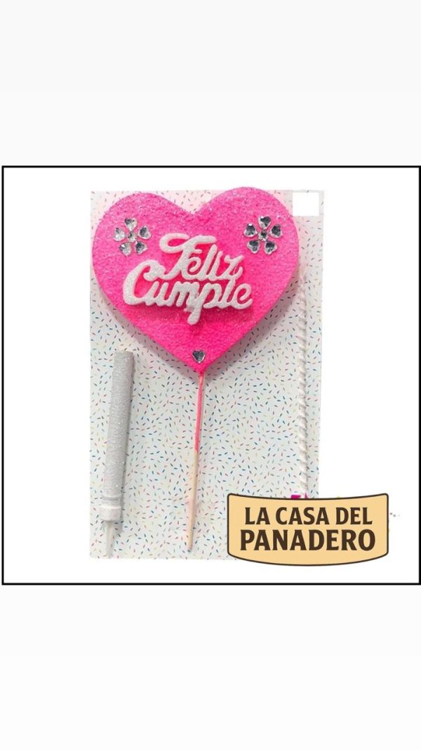 Set de Vela con Corazón Feliz Cumple Rosa y Blanco