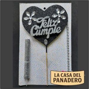 Set de Vela con Corazón Feliz Cumple Negro y Plateado