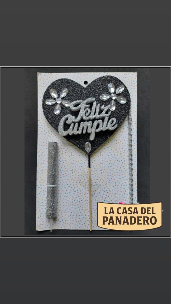Set de Vela con Corazón Feliz Cumple Negro y Plateado